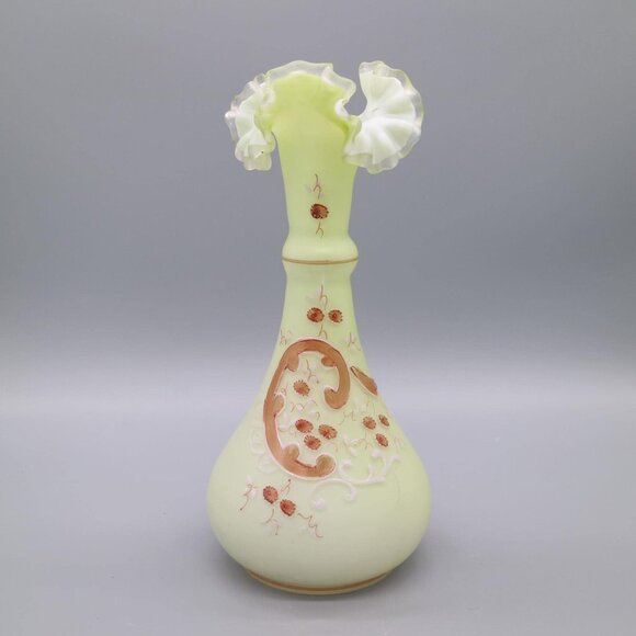 Vintage Steven & Williams Style Hand Painted Green Satin Art Glass 10" Vase - Picture 2 of 6